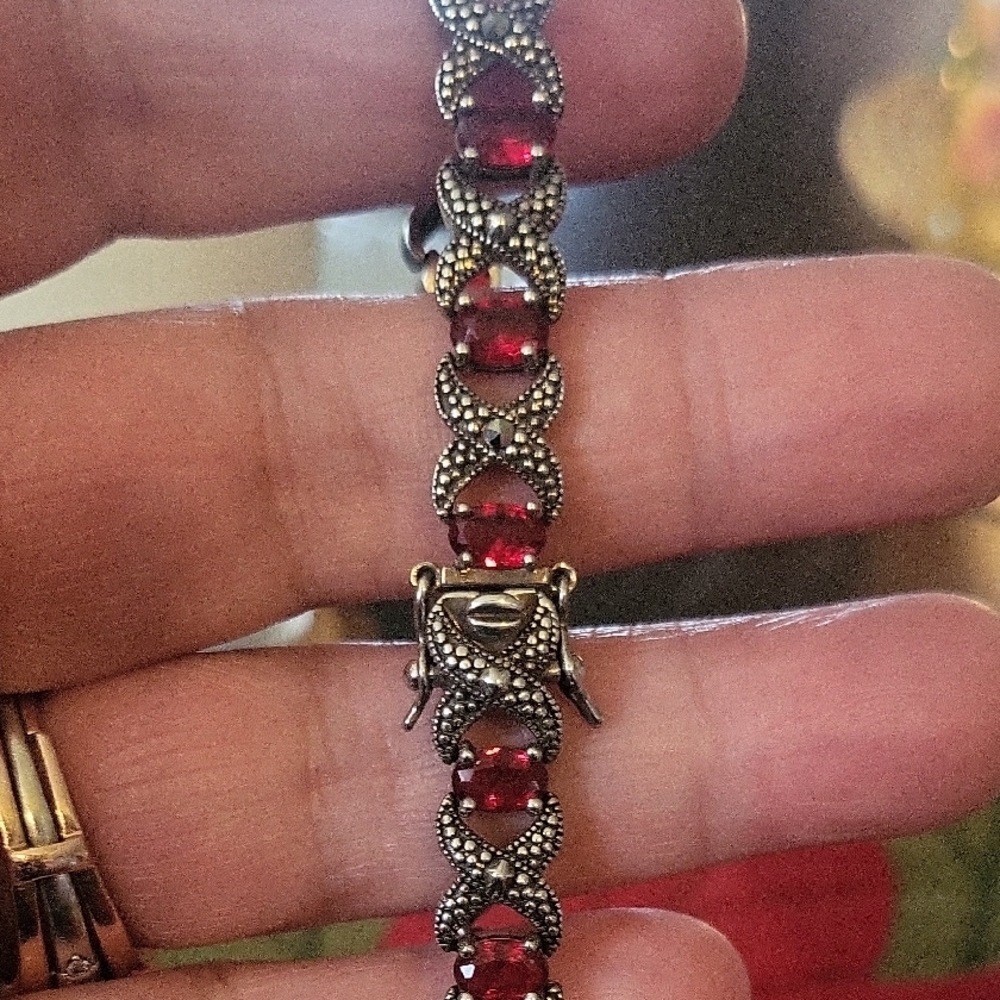 Simulated Ruby W/marcasite Bracelet Size 7.5